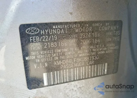 2019 Hyundai Elantra Sel z USA, uszkodzony, nr VIN KMHD84LF8KU881930